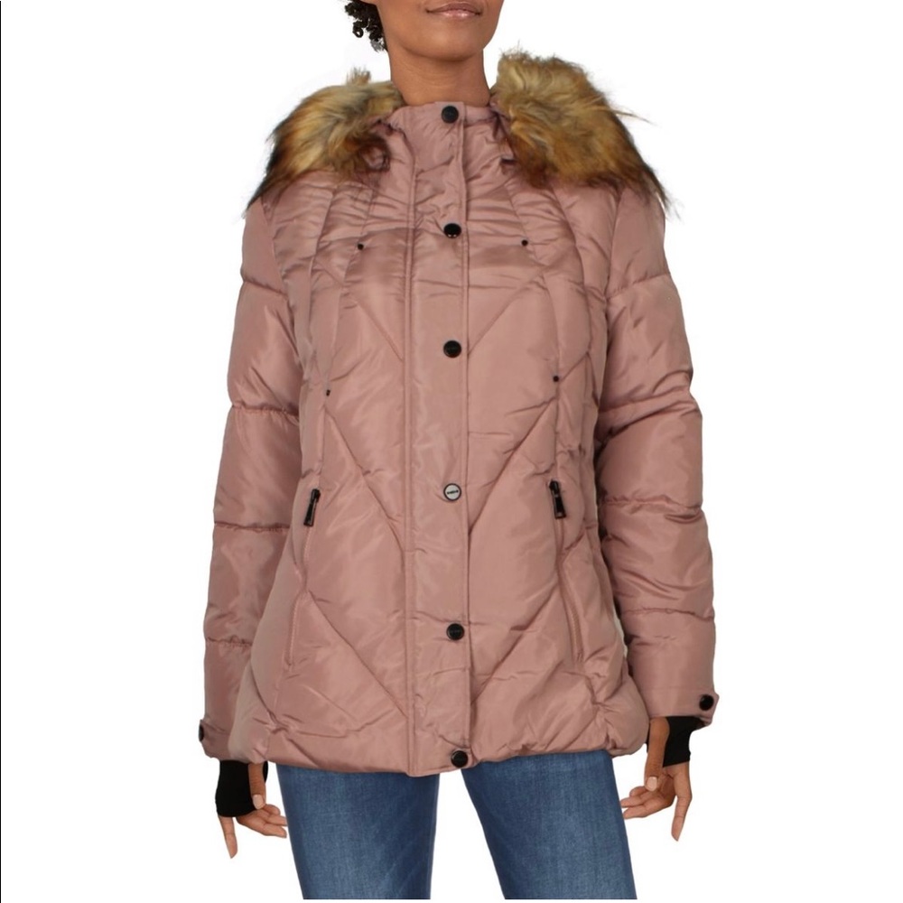 Bebe Women's Quilted Winter Puffer Coat with Faux Fur Trim Hood